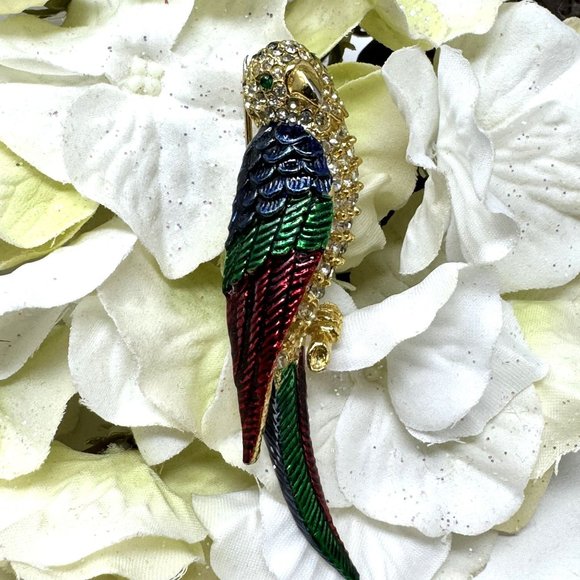 Vintage Parrot Brooch Pin Enamel N Rhinestone Goldtone - Picture 4 of 7